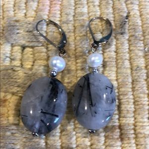 Gray black striped pearl lever back drop earrings